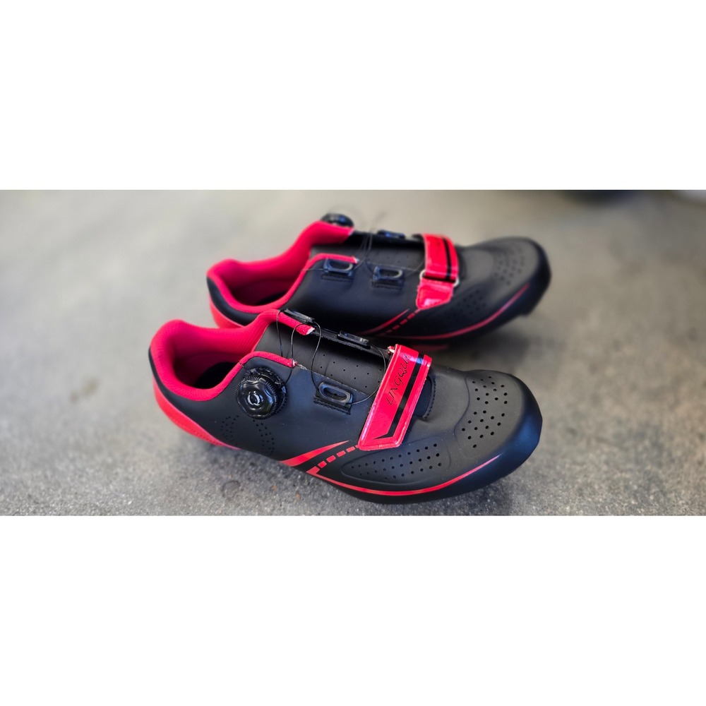 LINGQLE Peleton compatible indoor cycling class shoe red black delta cleat 8.5
